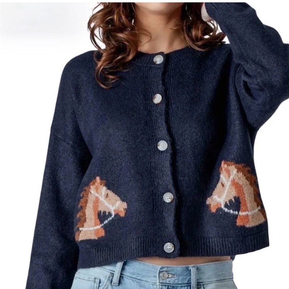 Dreamers by debut Navy Knit Soft buttons down Cardigan with Horses
